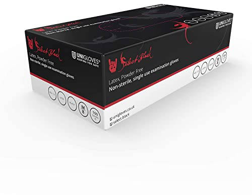 Unigloves Select Black Latex Gloves - Powder Free Disposable Gloves for Beauty, Piercing and Tattoo Artists - Box of 100 Gloves, Black, Large (GT0024)