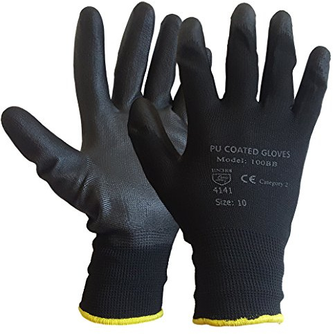 24 Pairs Black PU Coated Safety Grip Work Gloves Nylon Liners Ideal For Mechanic Builders Construction (XL)