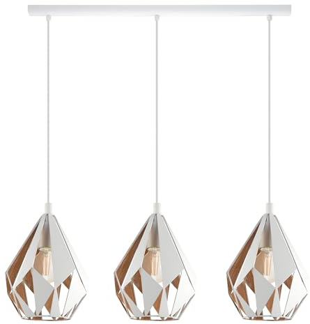 EGLO Pendellampe Carlton 1, 3 flammige Vintage Pendelleuchte | Retro Hängelampe aus Metall in Weiß und Gold, E27 Fassung