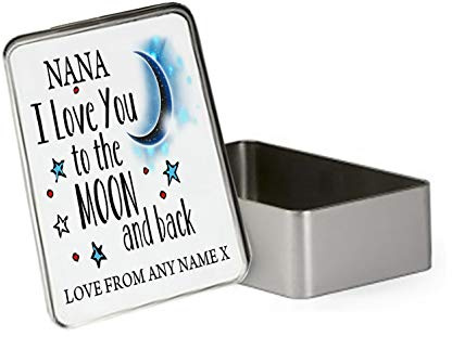 Giftme Personalised Nana I love You To The Moon And Back Portable Metal Tin Storage Box Biscuit Chocolate Tin Emergency Stuff Tin Birthday Present. (Rectangular)