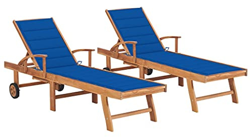 vidaXL 2X Teak Massiv Sonnenliege mit Königsblauen Auflagen Gartenliege Liege Gartenmöbel Relaxliege Strandliege Holzliege Liegestuhl Freizeitliege