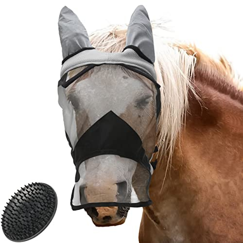 valuents Fluggmask för hästar i grått – flughuva – nösterskydd – UV-skydd – i 4 storlekar för ponny + plus: hästborste