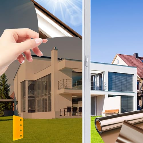 Fensterfolie Sonnenschutz Selbstklebend,NEEMOSI Sonnenfolie Fenster Innen für Wärmeisolierung, 99% UV-Schutz und Sichtschutz, Fensterfolie Blickdicht(Tee-Silber,60 * 200cm