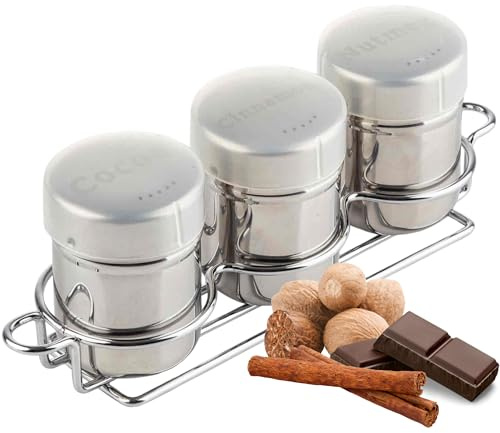 TableCraft 11054 Coffee Dredge Shaker Set, 6 oz, 3-Piece with Rack, Stainless Steel with Cinnamon, Cocoa, and Nutmeg Labels, Includes Storage Caps, For Café, Foodservice, and Home Use