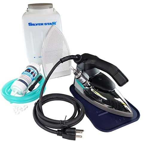 Silver Star ES-90A Steam Iron – 110 Volt Gravity Fed Hanging Bottle Clothes Iron with Non-Stick Laminate Sole Plate, Demineralizer Cartridge, Silicon Iron Rest & Hardware