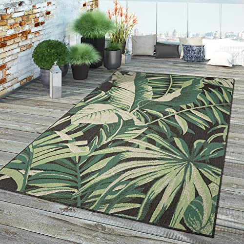 TT Home In-& Outdoor Teppich Wetterfest Balkon Küche Wohnzimmer Palmen Muster Modern, Farbe:Grün Schwarz 2, Größe:100x200 cm