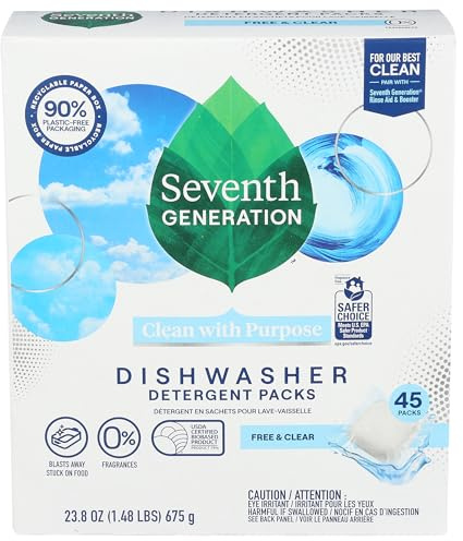 Dishwasher Detergent Packs, Free & Clear, 45 Packs, 23.8 oz (675 g), Seventh Generation