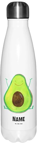 Mr. & Mrs. Panda Personalisierte Thermosflasche Avocado Glücklich - Geschenke, Verrückt, Freude, Thermoskanne Unterwegs Mit Namen, Thermoflasche Personalisiert, Frucht, Chaos, Isolierflasche Gravur