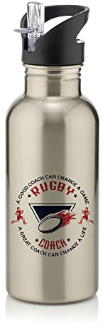 Rugby Coach Gift, A Good Coach Can Change a Life, Best Coach Gift, Rugby Game Gift, Christmas Stainless Steel 600ml Water Bottle with Straw. (Silver)