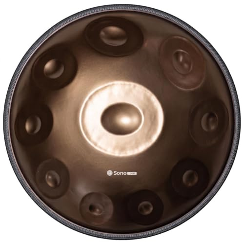 Sonodrum Handpan aus Edelstahl in Gold - 10 Töne gestimmt in D-Kurd (D Moll), in 440 Hz. Sonopan inkl. zubehör: Liederbuch und Tragetasche. Percussion Instrument für Meditation, Yoga und Entspannung.