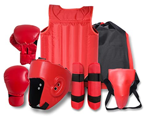 Kopf, KöRper Und Fuß Schutz GeräT Set Boxpaket,Martial Arts Protector Ausrüstungen, Sparring Gear Set,Sanda Kickboxing Kit 6pcs Gear Set,Für Männer Und Frauen (Size : Red)