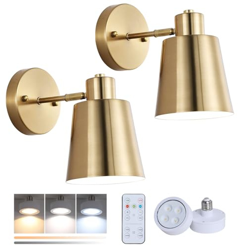 HOTRAN Battery Operated Wall Sconce Set of Two,Gold Modern with Remote Control Dimmable Wall Lighting Indoor, Not Hardwired Led Wall Lamp Fixtures for Bedroom, Bulb Included