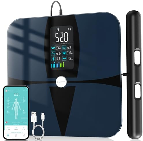 Körperfettwaage mit Handsensoren, Lepulse P1 Körperanalysewaage mit App, Waage mit Körperfett und Muskelmasse, Personenwaage mit Körperfettanalyse für 24 Nutzer, 20 Messdaten, Schwarz