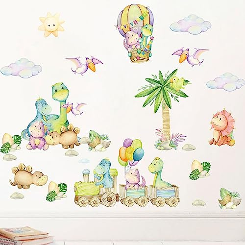 fanquare Dinosaurier auf dem Zug und Heißluftballon Wandtattoo, Bunte Cartoon Dinosaurier mit Wolke Wandaufkleber dekorative Fototapete für Wohnzimmer, Schlafzimmer, Baby-Kinderzimmer