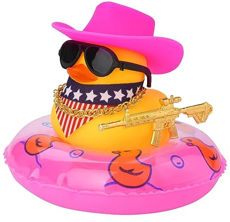 Stronrive Jouets Canard Jaune Voiture Décoration Canard Jouet, Voiture Canards Squeak Accessoires Décoration avec Chapeau Anneau Bain Collier Lunettes Soleil pour La Décoration