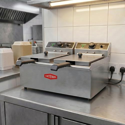2 x 9 Litre Twin Tank Commercial Electric Fryer – Stainless Steel Deep Fat Fryer with Timers, Thermostat Cut Out & Removable Oil Tanks - Ideal For Any Catering & Restaurant Establishment