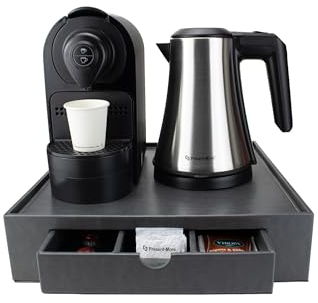 Present-More Set à thé et café noir - Set composé de plateau gris en simili cuir, bouilloire en acier inoxydable gris 0,8 l, machine à café compatible Nespresso
