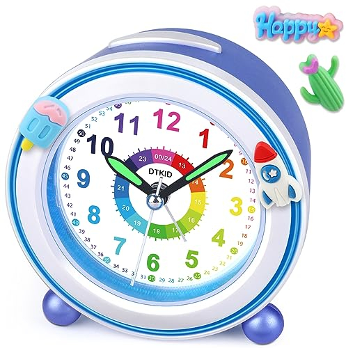 DTKID Wecker Kinder, Kinderwecker Ohne Ticken mit Snooze und Nachtlicht, Analoger Wecker für Jungen und Mädchen, Lernwecker Kinder, Batteriebetrieben