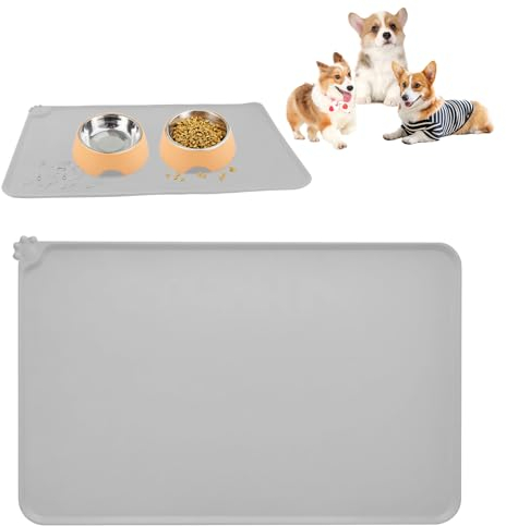 RISVOWO Hunde Futtermatte Katzen Futtermatte, 100% wasserdichte Haustierfutter Matte, erhöhter Rand, Silikon Fressnapf Unterlage für Hund und Katze (Hellgrau, 48x30cm)