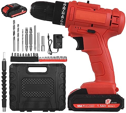 Taladro eléctrico HUIOP Taladro eléctrico inalámbrico portátil de 21 V, destornillador de taladro eléctrico de mano con portabrocas de 3/8 pulgadas con cargador rápido de batería de 1,5 Ah, eje de ext