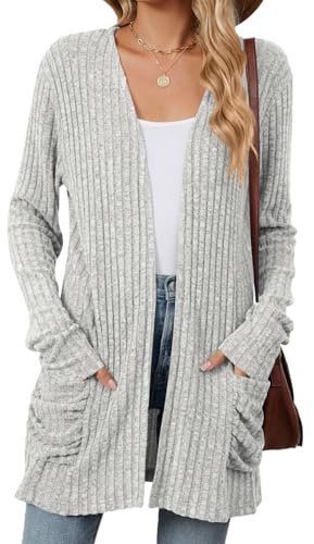Famulily Women's Long Sleeve V-Neck Ribbed Cardigans with Pockets