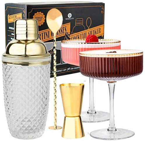 Vemacity Cocktail Set– Glas Cocktail Shaker (500ml) + 2 Espresso Martini Gläser mit Goldrand, Bar Spoon & Jigger | Barkeeper-Set | Cocktailgläser + Cocktailshaker | Ideal für Weihnachten und Neujahr