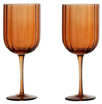New Gorgeous Amber Tone Ribbed Edge Hazel Wine Glass Set of 2