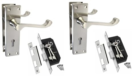 Epsom Door Handle Victorian Scroll Lever Set Satin Nickel Finish with 3 Lever 2.5 Mortice Sash Mechanism 150mm x 42mm Backplate Twin Pack