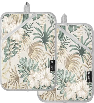 Kcldeci Set di presine con foglie di palma verde tropicale, salvia, ibisco, fiori di ibisco, resistenti al calore, con tasche, impugnatura antiscivolo, grandi presine per cucina, cottura al forno,