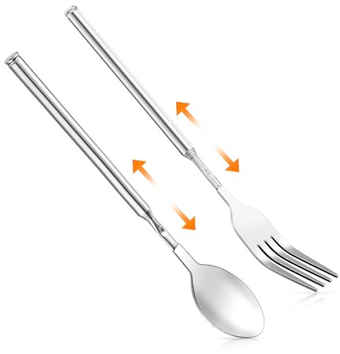 Ouligay Teleskopgabel, Lange Teleskop Gabel Löffel Einziehbarer Set, Lange Löffel, Ausziehbare Gabel, 20-64 cm Edelstahl Teleskoplöffel und Teleskopgabel für BBQ, Toasten, Abendessen, Obst, Dessert