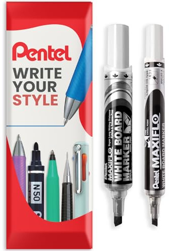 Pentel Maxiflo Whiteboard-Marker, feine und mittlere Keilspitze, schwarze Tinte, 2 Stifte in Kissenverpackung