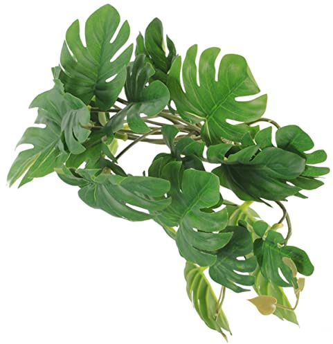 FONDOTIN Künstliche Hängepflanze Mit Saugnapf Pflegeleichtes Material 23 Blätter Monstera Terrarium Dekor Für Reptilien Und Amphibien