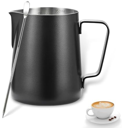 Milchkännchen Edelstahl,Tianher 350 ml Aufschäumer Kännchen Milchkanne aus Edelstahl Milch Pitcher Aufschäumen Krug mit Barista Stift Messung Mark für Cappuccino und Latté (Schwarz)