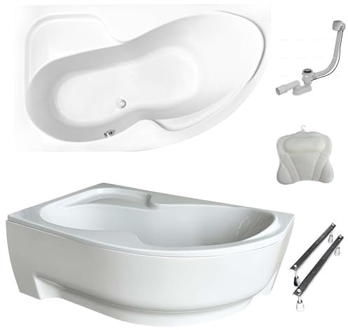 ECOLAM Baignoire d'angle Wela 170 x 100 cm gauche + tablier | oreiller Mare | pieds siphon set complet