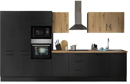 TURIN ZBM Küchenzeile ohne Küchengeräte Küche Artisan Eiche Optik Schwarz | 370 x 211 x 60 cm (B/H/T), Küche ohne Elektrogeräte, Einbauküche ohne Geräte, geräumig, mit viel Stauraum, modernes Design