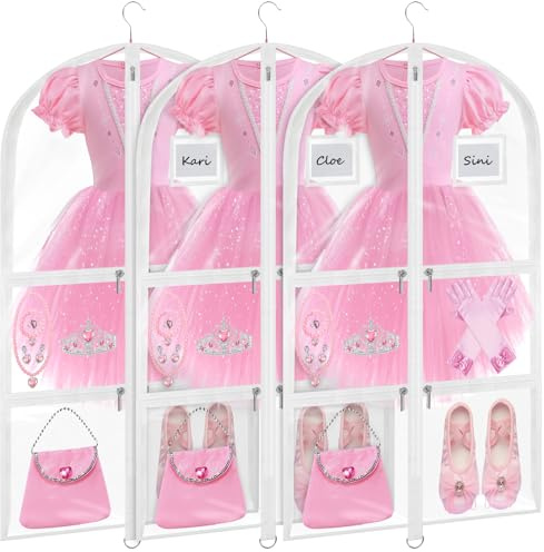 Wsaeig Garment Bags for Dance Costumes - 40 Inch Clear PVC with 5 Zipper Pockets (3 Pack, White) - Kids Dance Garment Bag for Dancers, Hanging Clothes Storage, Competitions & Travel (‎Clear White)