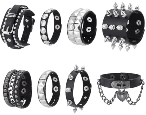 UNICRAFTALE 8 Stück Spike Armbänder Mit Nieten Schwarze Punk Nieten Armbänder PU Leder Armband Gothic Manschettenarmband Verstellbar Für Männer Und Frauen Party Nachtclub Halloween Weihnachtszubehör