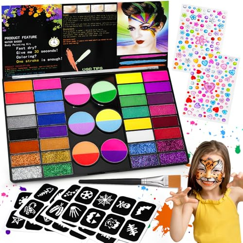 Gigmeta Kinderschminke Set - 44 Gesichtsfarben Kinderschminken Set inkl. professionellen Pinsel, 4 Schablonen, 2 Diamant-Sticker - Ideal für Halloween, Theater & Bodypainting