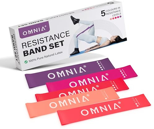 OMNIA Resistance Bands Set for Home Workouts – Durable Exercise Bands for Strength Training, Yoga, Pilates, Physio – 5 Resistance Levels – Unisex Fitness Bands (Pink/Purple)