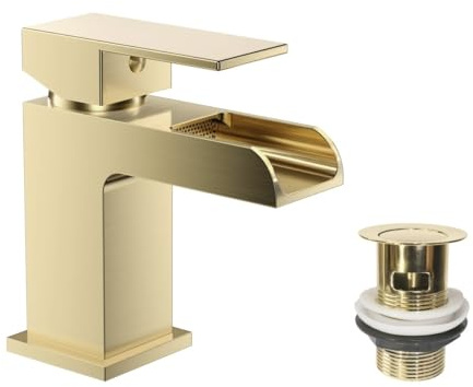 VeeBath Kinetic Square Waterfall Basin Mixer – Modern Brushed Brass Finish, Single Lever Control, G1/2 BSP Inlet with Pop-Up Waste, Deck Mounted Bathroom Taps