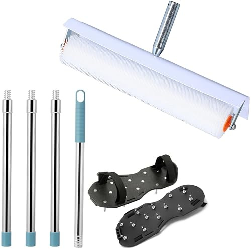 Self-Leveling Tool 3-Piece Set 20-inch epoxy Roller with Splash Guard, Floor Construction Spikes, 63-inch Extension Pole for Concrete epoxy Floor Paint self-Leveling Cement Tool