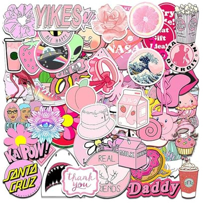 Hopzab 100 Pcs Pink Cute VSCO Stickers Pink Preppy Stickers Trendy Waterproof Vinyl Decals for Girls Teens Adults,Laptop Water Bottle Skateboard Luggage Phone Scrapbook