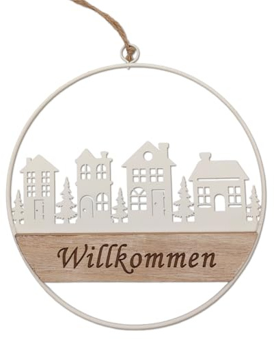 Türkranz Willkommen 20 cm rund aus Metall & Holz – weiße Häuser, Bäume – Weihnachtsdeko zum Hängen Winterdeko Eingang Türschild – Logbuch-Verlag