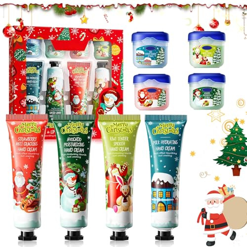 Creme Main Noël Set, 4 Crèmes pour les Mains + 4 Baumes à Lèvres, Crème Hydratante Anti-Fissures pour les Mains et les Pieds, Crème Parfumée pour les Mains
