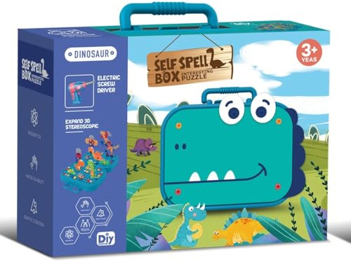 Générique Jeu de Construction Dinosaure avec Visseuse Électrique, Kit Montessori DIY, 351 Pièces, pour Enfants 3+ Ans, Mallette de Transport Bleu, Boite à Outils Enfant
