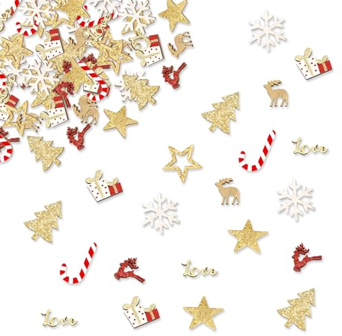 100 Stück Streudeko Weihnachten, Weihnachtsdeko Holzsterne Zum Basteln, Streudeko Weihnachten Holz Schneeflocken, Tischdeko Weihnachtengeschenk, Kann als verschiedene Szenen verwendet werden