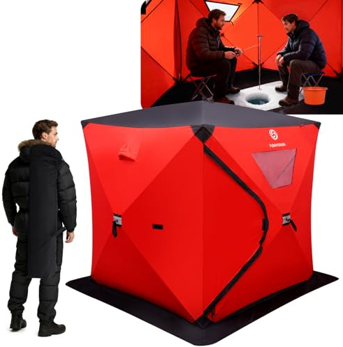FUNHORUN Ice Fishing Shelter with Removable Floor Mat, 1-2 Person Pop Up 300D Ice Fishing Tent, 58 Inch Portable Hub-Style Shanty with Anchors, Ropes and Carrying Bag, Non-Insulated
