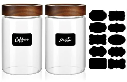 Glass Jars with Screw Wood Lids - 30 fl oz / 900 ml Wide Airtight Storage Container for Kitchen Countertop and Pantry, Decorative Clear Canisters for Coffee, Candy, Cookie, Sugar, Oats, Nuts, Treat