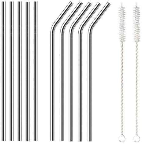 Vmoomax Lot de 10 pailles courtes réutilisables en acier inoxydable, 5 pailles droites et 5 pailles courbées en métal avec 2 brosses de nettoyage pour café, smoothies, milkshakes, cocktails, petits