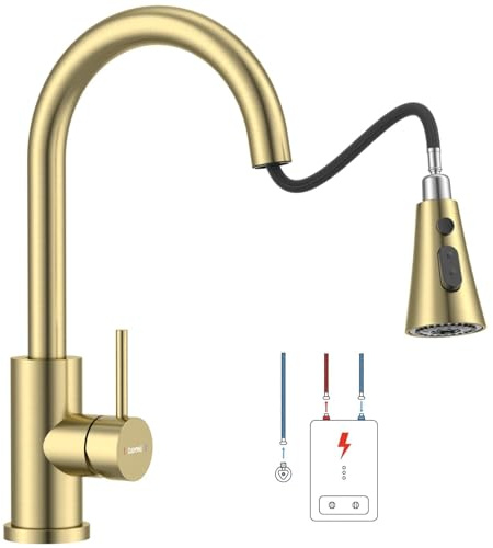 DAYONE Grifo de cocina extensible de baja presión, oro cepillado, 3 modos de pulverización, 3 vías, grifo de fregadero de baja presión, grifo mezclador giratorio de 360°, apto para caldera
